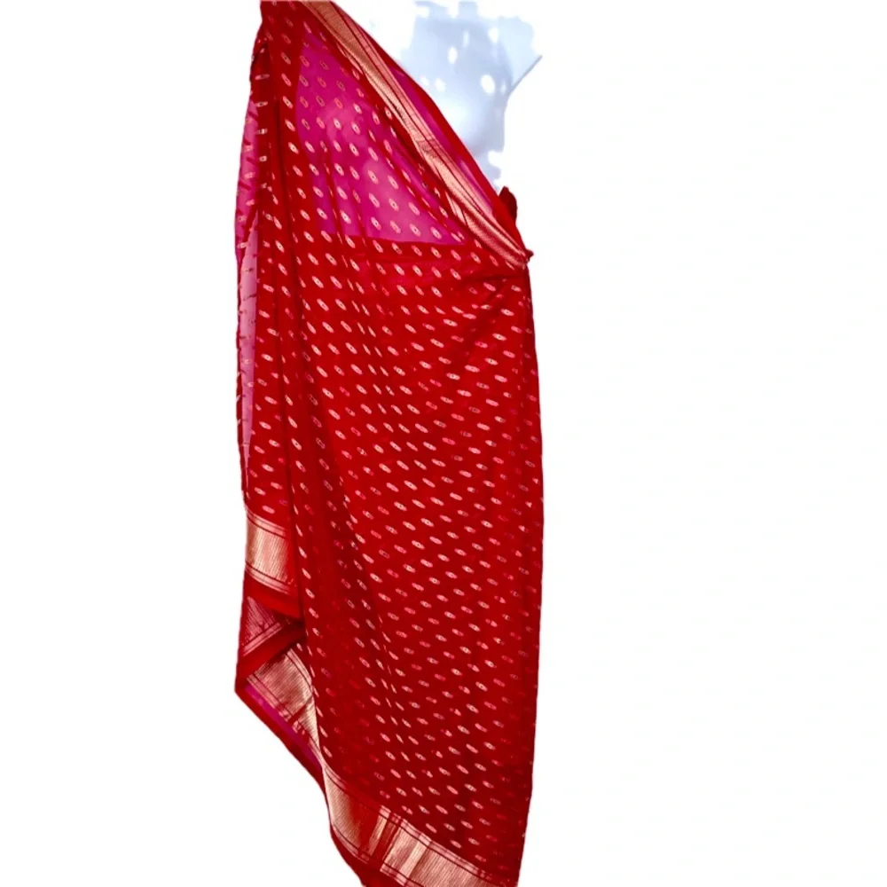 Red Silk Saree Sari Sarong Songket Gold Thread Petticoat Lined Handwoven in Bali